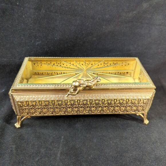 Vintage Gold Filigree Casket Jewelry Box Etched Starburst Hinged Lid Cherub - Picture 1 of 11